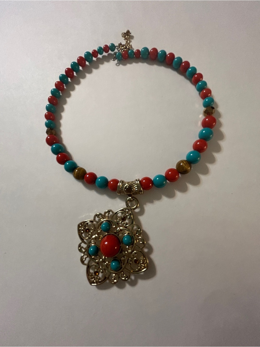 Vintage Boho Southwestern Turquoise Coral Beaded Filigree Pendant Necklace